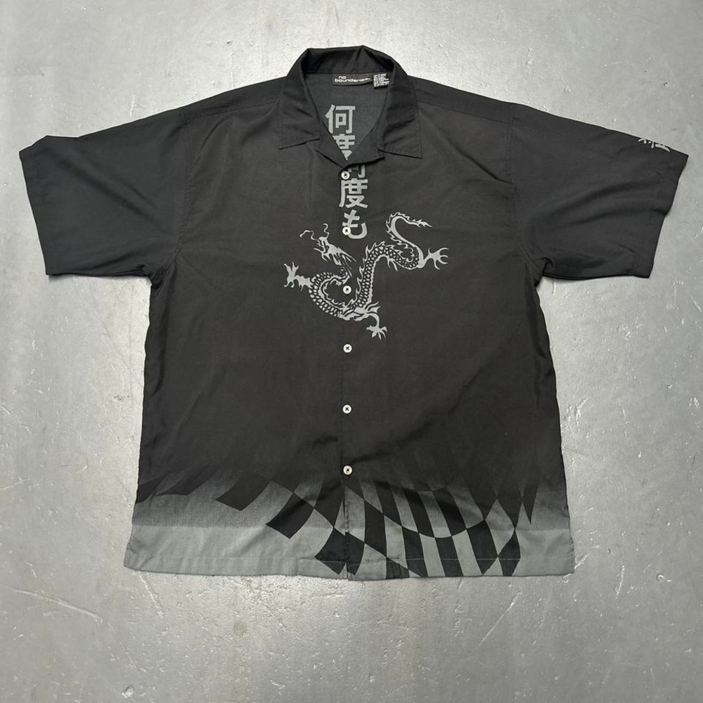 Men's Y2K No boundaries dragon Chinese letters monochrome graphic button shirt